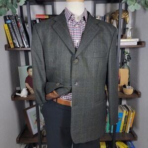 Amherst Brock Men's Sport Coat Blazer Three Button Herringbone Plaid Wool‎ 44S